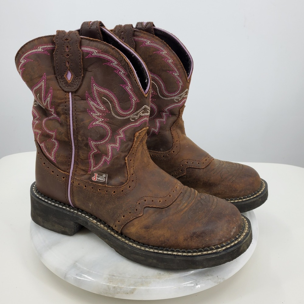 Justin Gypsy Gemma L9903 7.5 B Brown Leather Pink Western Boots Farm Round Toe
